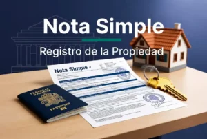 Illustration d'une Nota Simple du Registro de la Propiedad avec un passeport français, une clé de maison et une habitation espagnole, représentant le guide pour acheter en Espagne en tant qu'étranger