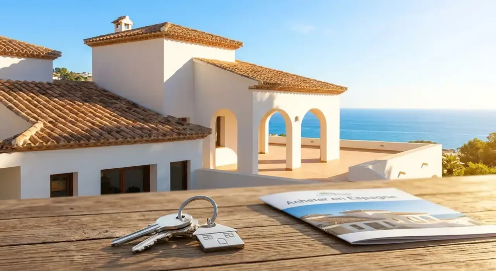 Clés de maison et guide d'achat sur fond de villa méditerranéenne ensoleillée pour un projet d'achat immobilier en Espagne
