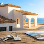 Clés de maison et guide d'achat sur fond de villa méditerranéenne ensoleillée pour un projet d'achat immobilier en Espagne