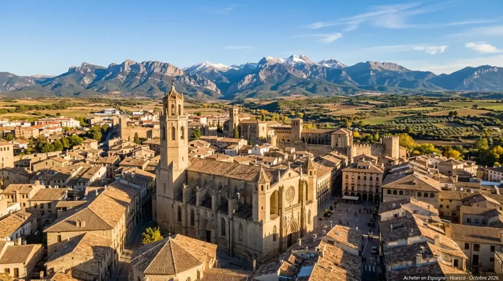 Vue panoramique de la ville de Huesca en Aragon avec la cathédrale et les Pyrénées en arrière-plan