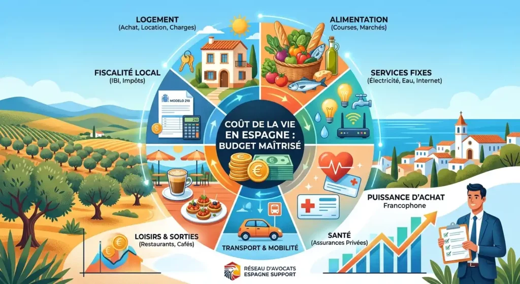 Infographie résumant le budget et le coût de la vie en Espagne : logement, alimentation, fiscalité IBI, énergie, loisirs et santé.