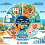 Infographie résumant le budget et le coût de la vie en Espagne : logement, alimentation, fiscalité IBI, énergie, loisirs et santé.