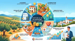 Infographie résumant le budget et le coût de la vie en Espagne : logement, alimentation, fiscalité IBI, énergie, loisirs et santé.
