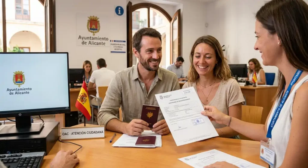 n couple réalise les démarches d'empadronamiento auprès du guichet OAC à la Mairie en Espagne