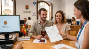 n couple réalise les démarches d'empadronamiento auprès du guichet OAC à la Mairie en Espagne