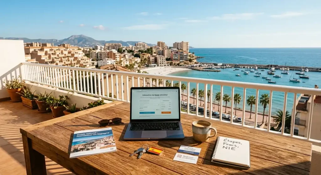 Projet immobilier en Espagne avec un ordinateur portable affichant le simulateur de frais sur une terrasse vue mer