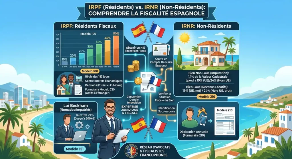 Infographie comparative de la fiscalité espagnole : barème IRPF pour résidents, Loi Beckham à 24 %, impôt IRNR pour non-résidents et Modelo 210.