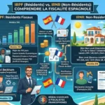 Infographie comparative de la fiscalité espagnole : barème IRPF pour résidents, Loi Beckham à 24 %, impôt IRNR pour non-résidents et Modelo 210.