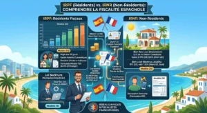 Infographie comparative de la fiscalité espagnole : barème IRPF pour résidents, Loi Beckham à 24 %, impôt IRNR pour non-résidents et Modelo 210.