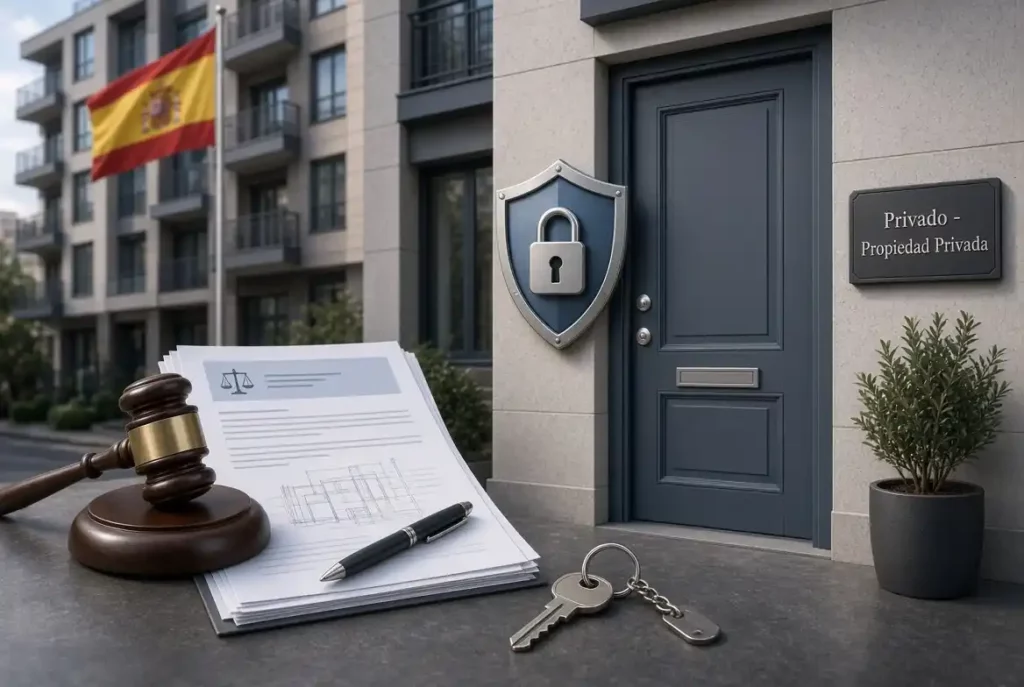 Illustration de la loi anti-okupas en Espagne : documents juridiques, marteau de juge, bouclier de protection et porte d’immeuble marquée « Privado – Propiedad Privada » avec drapeau espagnol en arrière-plan.