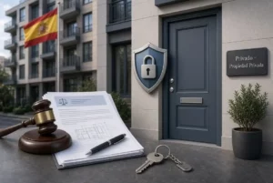 Illustration de la loi anti-okupas en Espagne : documents juridiques, marteau de juge, bouclier de protection et porte d’immeuble marquée « Privado – Propiedad Privada » avec drapeau espagnol en arrière-plan.