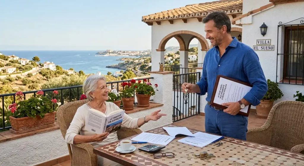 Transaction immobilière en nue-propriété et viager sur une terrasse en Espagne entre une séniore et un investisseur.