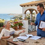 Transaction immobilière en nue-propriété et viager sur une terrasse en Espagne entre une séniore et un investisseur.