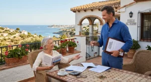 Transaction immobilière en nue-propriété et viager sur une terrasse en Espagne entre une séniore et un investisseur.