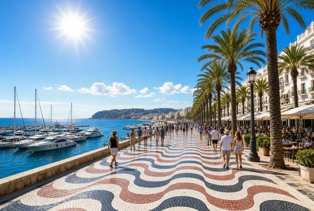 Vue panoramique sur la promenade de l'Explanada de España et la marina d'Alicante sous un grand soleil