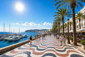 Vue panoramique sur la promenade de l'Explanada de España et la marina d'Alicante sous un grand soleil