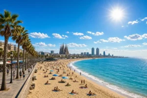 Vue panoramique de la plage de Barceloneta et de la skyline de Barcelone avec la Sagrada Familia sous un grand soleil