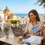 Femme travaillant sur son ordinateur portable à la terrasse d'un café avec vue sur la mer en Espagne, consultant les démarches NIE, Padrón et santé.
